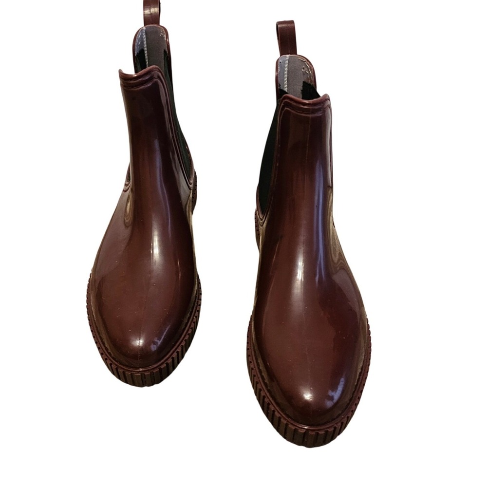 Burgundy Glossy Chelsea Rain Boots Lug Sole Ankle Booties Size 40